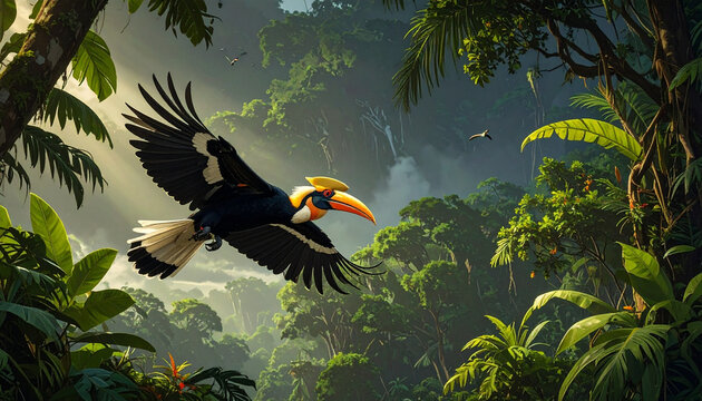 Majestic hornbill flying above rainforest.