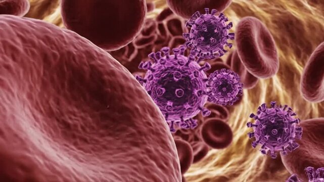 Microscopic view of red blood cells and a virus floating through a blood vessel.
