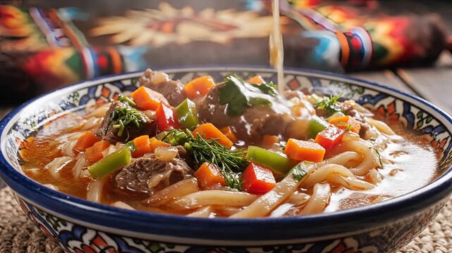Delicious Traditional Uzbek Plov with Meat and Vegetables Served in a Decorative Bowl.
