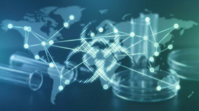 Digital world map with network lines illustrating global virus spread. Biohazard symbol overlay on scientific background. Pathogen outbreak tracking, pandemic research and global health concept.