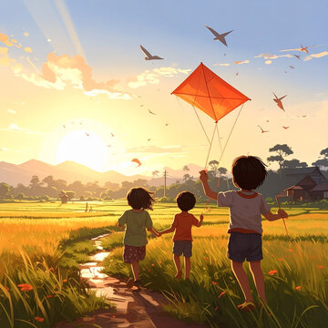 Children flying kite at sunset