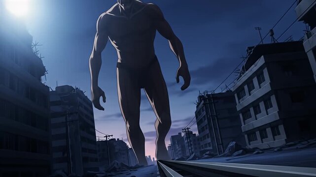Huge humanoid strides in destroyed city. Buildings crumble under twilight sky