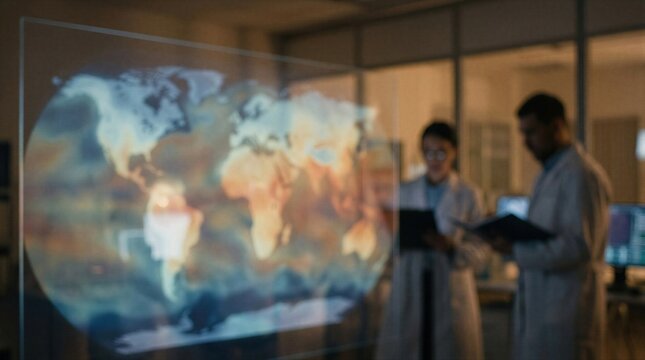Scientist woman and man scientist analyzing digital world map on glass screen. Researching viral disease outbreak and infection spreading across globe. International medicine health concept.