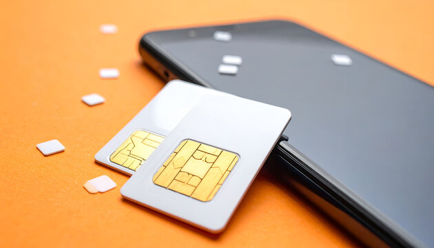 Close-up of two SIM cards next to a smartphone on an orange background.