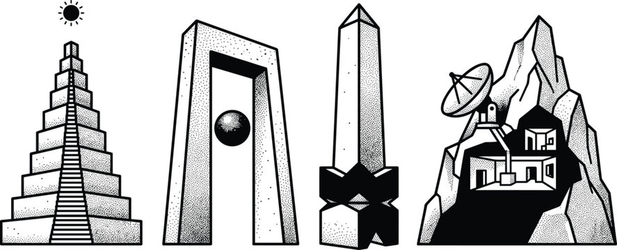 Sci-Fi Ancient Alien Monolith and Space Research Station Vector Set Featuring Mayan Pyramid, Megalithic Portal, Obelisk, and Mountain Satellite Base