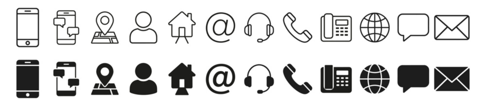 Communication and contact vector icon set with outline and filled mobile, message and email symbols on transparent background