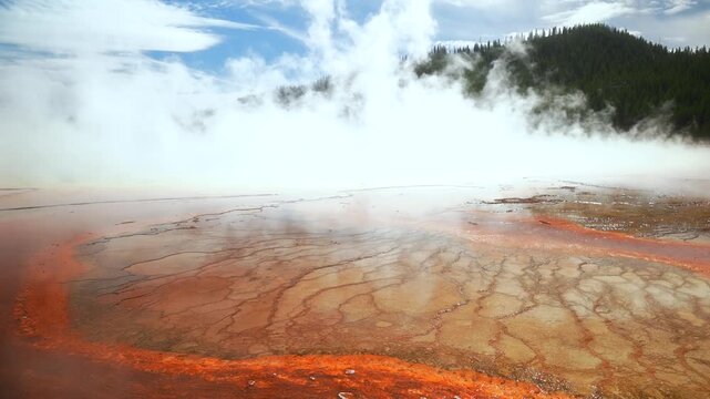 Grand Prismatic Spring steam hot spring Midway Boardwalk hiking trail Mid Geyser Basin Wyoming USA Yellowstone National Park nature landscape Opal Pool Morning Glory sunny morning blue sky static shot