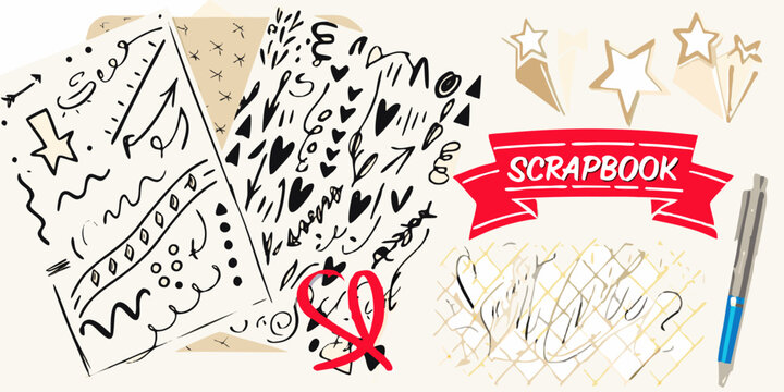 hand drawn arrows and doodles vector illustration with scrapbook ribbon