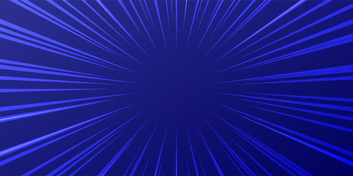 Dynamic abstract background featuring fast radial zoom speed lines on a dark blue gradient. Intense comic book action style graphic design template perfect for posters, banners, anime backdrops,