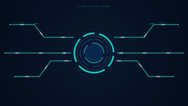 Animation of a futuristic HUD interface with a central spinning circle and data lines loading on a dark blue background. Concept of cyber security, digital technology and artificial intelligence