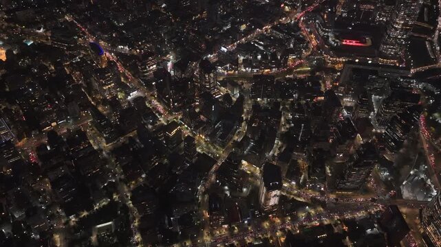 Night Aerial Dolly In of Las Condes District Urban Landscape and Traffic Santiago Chile