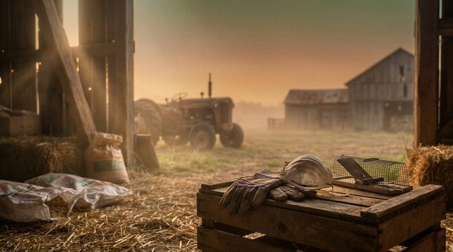 Protective mask with work gloves and mouse trap on wooden crate in rustic barn. Hantavirus transmission prevention concept. Agriculture background with tractor at sunset in farmhouse.