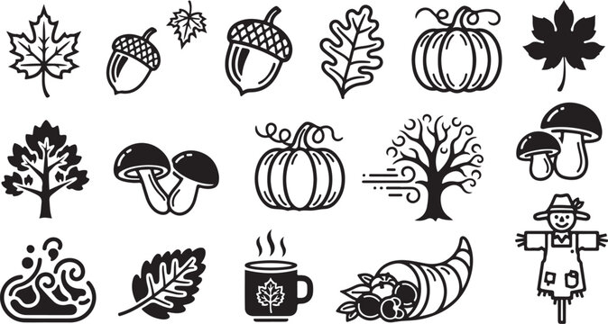 Autumn icons and symbols in black and white