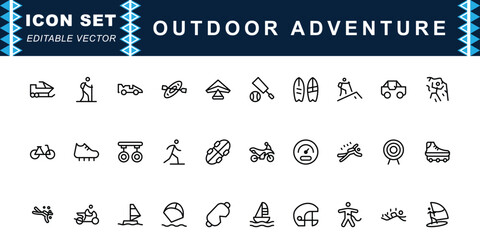 Outdoor Adventure icon set. Contains icons of Skiing, Surfing, Cycling, Climbing, Kayaking, Camping and more. Editable stroke. Vector illustration.  © Arts_A3