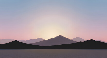 Obraz premium Silhouette of mountains and body of water at sunset or sunrise