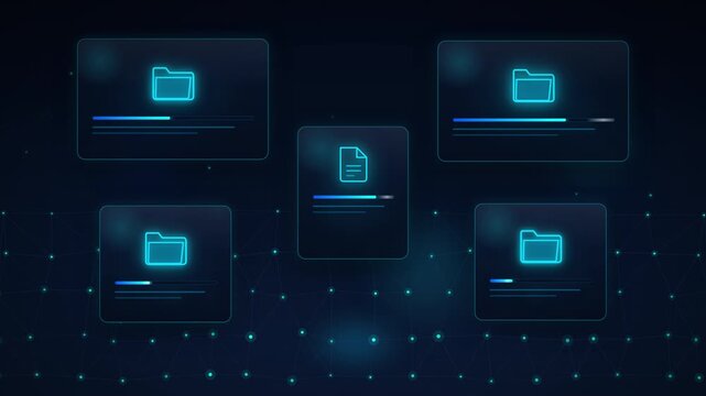 Animation of neon data folders and a file loading on a glowing blue grid network background. Concept of big data storage, cloud computing, and digital information transfer