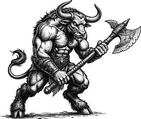 Fototapeta premium Mythological minotaur warrior with battle axe classical black and white pen and ink style stipple illustration