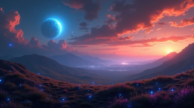 Fantasy mountain landscape at sunset with glowing blue moon, ethereal valley with magical fireflies, cinematic alien planet scenery with purple and orange clouds