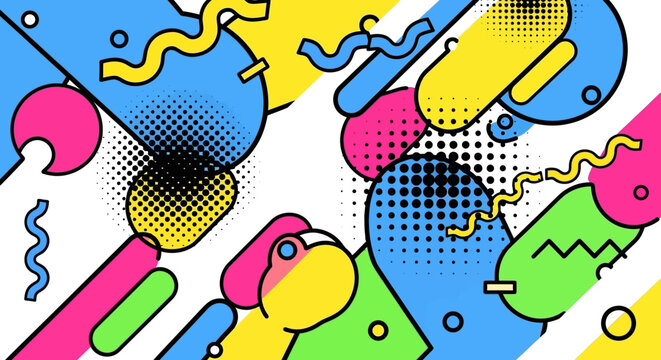 Retro Geometric Shapes Background, Memphis Style, Vibrant Colors