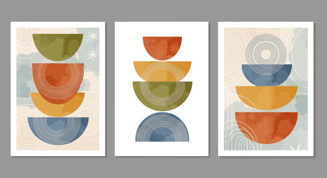 Boho Abstract Geometric Shapes Arty Wall Art Posters Triptych