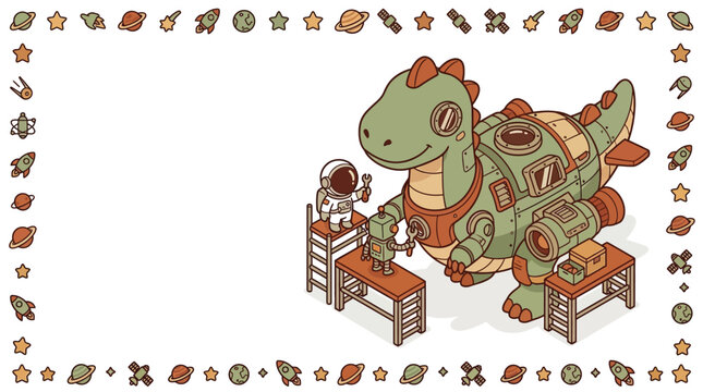 Isometric vector illustration of a cute chibi astronaut and robot repairing a large mechanical T-Rex dinosaur spaceship in a workshop, featuring a space-themed icon border frame.