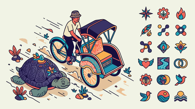 Vector illustration of a man riding a colorful bicycle rickshaw next to a large decorated turtle with motion lines, featuring a grid of 18 playful modern naive icons on the right side.