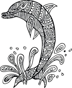 Zentangle dolphin vector illustration, intricate mandala sea animal line art, jumping dolphin coloring page for adults, decorative aquatic mammal