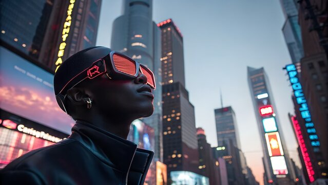 Young black man wearing futuristic red goggles in city street