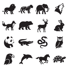 Fototapeta premium Wildlife animal vector icons pack featuring lion tiger elephant wolf deer fox bear panda crocodile snake owl eagle dolphin horse tortoise