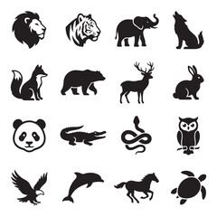 Obraz premium Wildlife animal vector icons pack featuring lion tiger elephant wolf fox bear deer rabbit panda crocodile snake owl eagle dolphin horse turtle silhouette