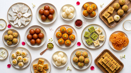 Assorted Traditional Indian Festival Sweets Top View on White Background