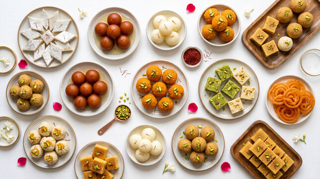 Assorted Traditional Indian Festival Sweets Top View on White Background
