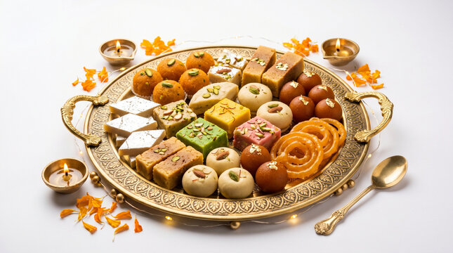 Traditional Indian mithai sweets platter with diya lamps and flowers for Diwali celebration on white background