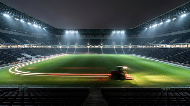 Groundskeeper vehicle works on a football pitch inside a bright stadium during the quiet night.