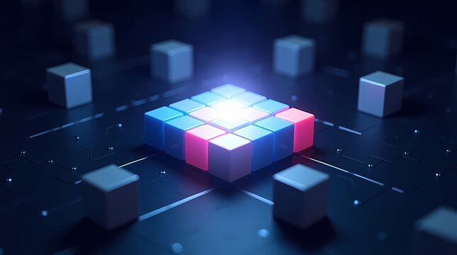 3D abstract cubes on a dark circuit board with a central glowing light. This modular design is perfect for blockchain technology server hardware and storage solution visual content.
