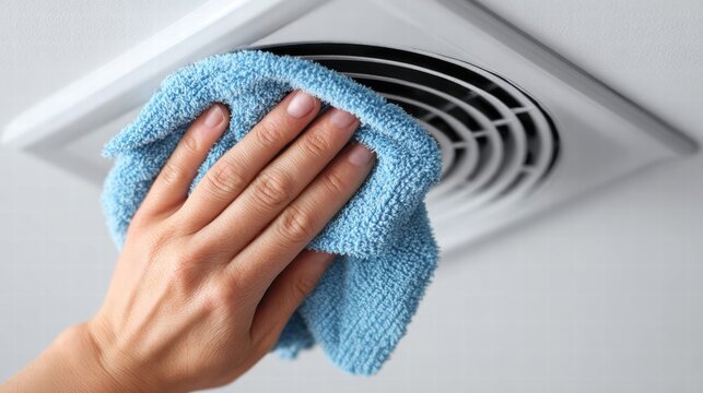 Cleaning a bathroom ceiling vent with a blue cloth