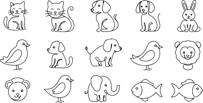 Cute animal icons in simple line art style