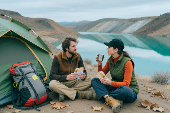 Young adult Caucasian couple camping by mountain lake, eating sandwiches and drinking coffee beside tent, representing outdoor travel and adventure. Ideal for tourism promotion