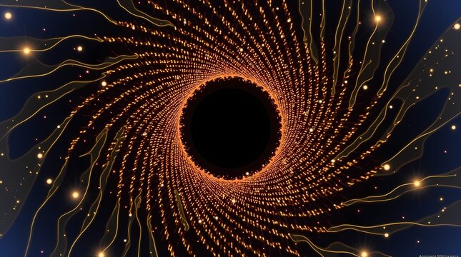 Dynamic gold particle vortex spiraling into a central black hole. This space science illustration is perfect for physics education astronomy blogs and epic science fiction projects.