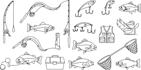 Fototapeta premium Fishing Line Icons with Tackle and Fish Illustrations