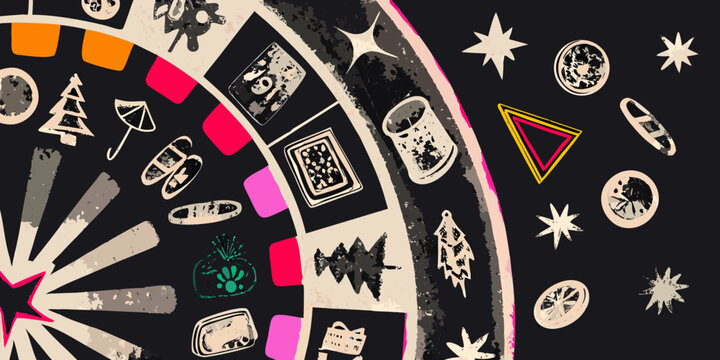 collage of vintage cutout shapes and icons on black background