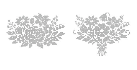 Vintage floral silhouette illustrations, set of 2 light gray flower bouquets, elegant botanical line art for wedding invitations and greeting cards © riponhossain