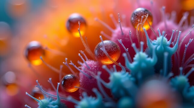 Macro 3D render of microscopic cells with glowing orange nuclei and blue structures. Perfect for medical research biology textbooks and pharmaceutical technology visual content.