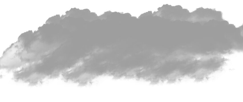 Dramatic grey storm cloud isolated on white background, moody overcast weather element, dark fluffy cumulus cloud for sky replacement and compositing