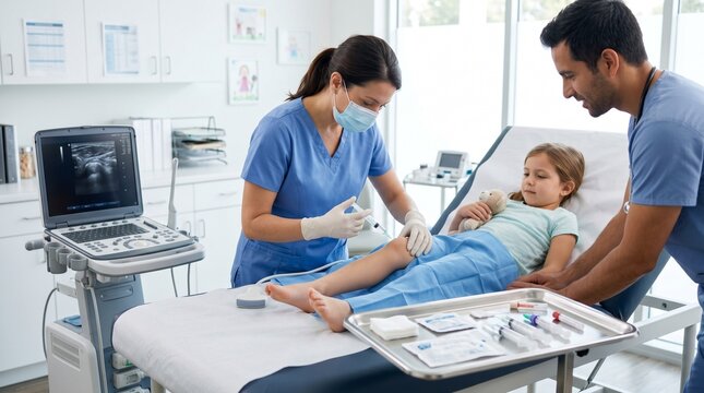 Medical professional performing knee injection on child in clinic