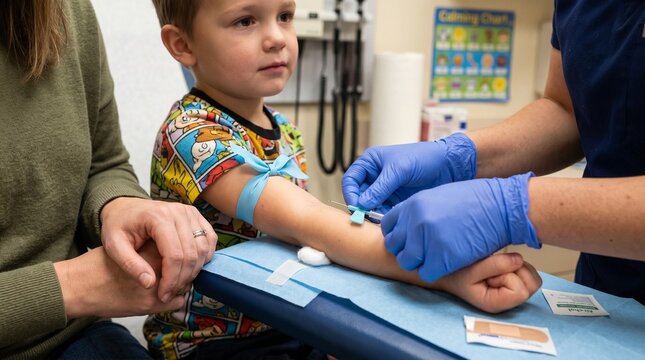 Nurse performing pediatric venipuncture on young boy in medical clinic