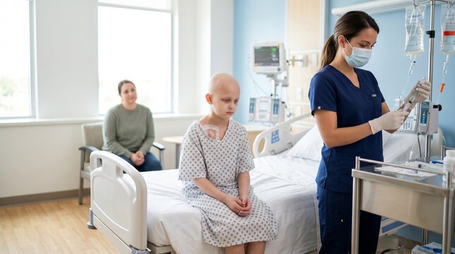 Nurse preparing chemotherapy for young cancer patient in hospital ward