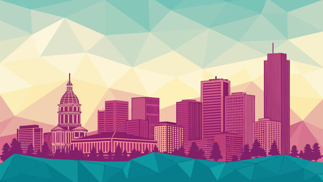 Denver skyline poster with faceted polygons in pink and blue hues cityscape with mountains