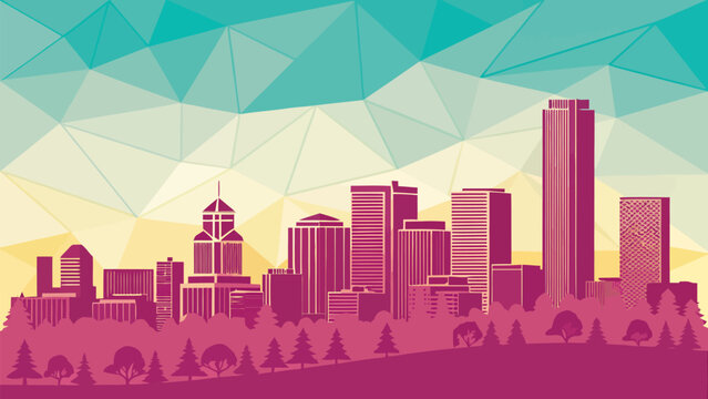 Vibrant denver cityscape with faceted polygon background and pink buildings