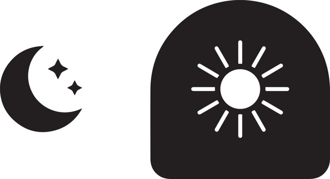 Day and night mode icon set with crescent moon stars silhouette and bright sun line art inside rounded dark toggle background